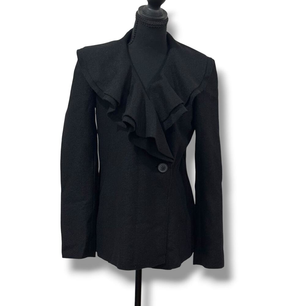 Lafayette 148 Black Wool Ruffle Collar Blazer Jacket Size 4 Classic Quiet Luxury